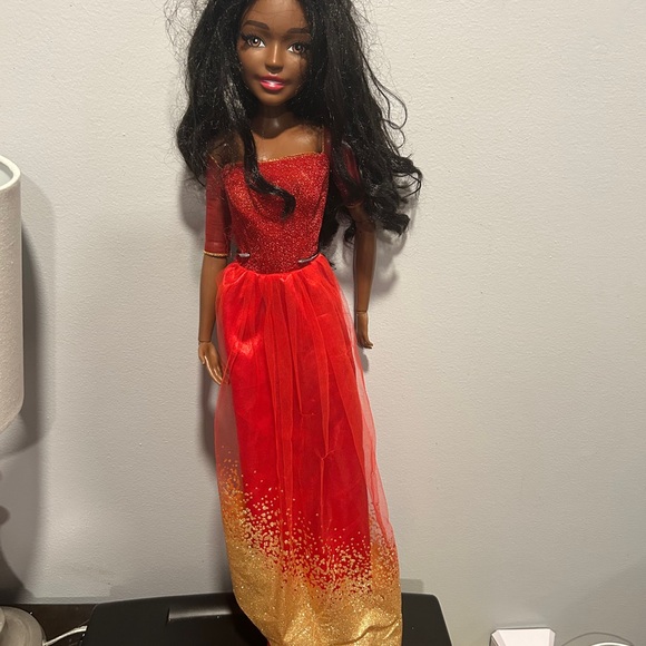 Barbie 26 inch tall posable with Red and Gold dress with Long Black Hair